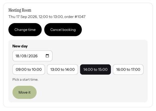 The Change time panel open on a Meeting Room booking: a New day date field, four free hour-long times for that day, and a Move it button