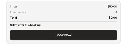 The summary with a Free passes line taking the total to nothing and 18 left after this booking