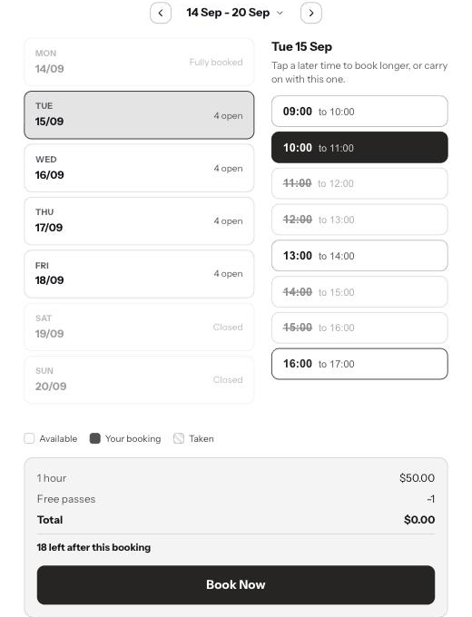 A customer has picked 10:00 to 11:00 on Tuesday; the running total and Book Now sit beneath the calendar