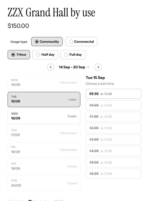 A product page with a Usage type choice, Community or Commercial, above the rates