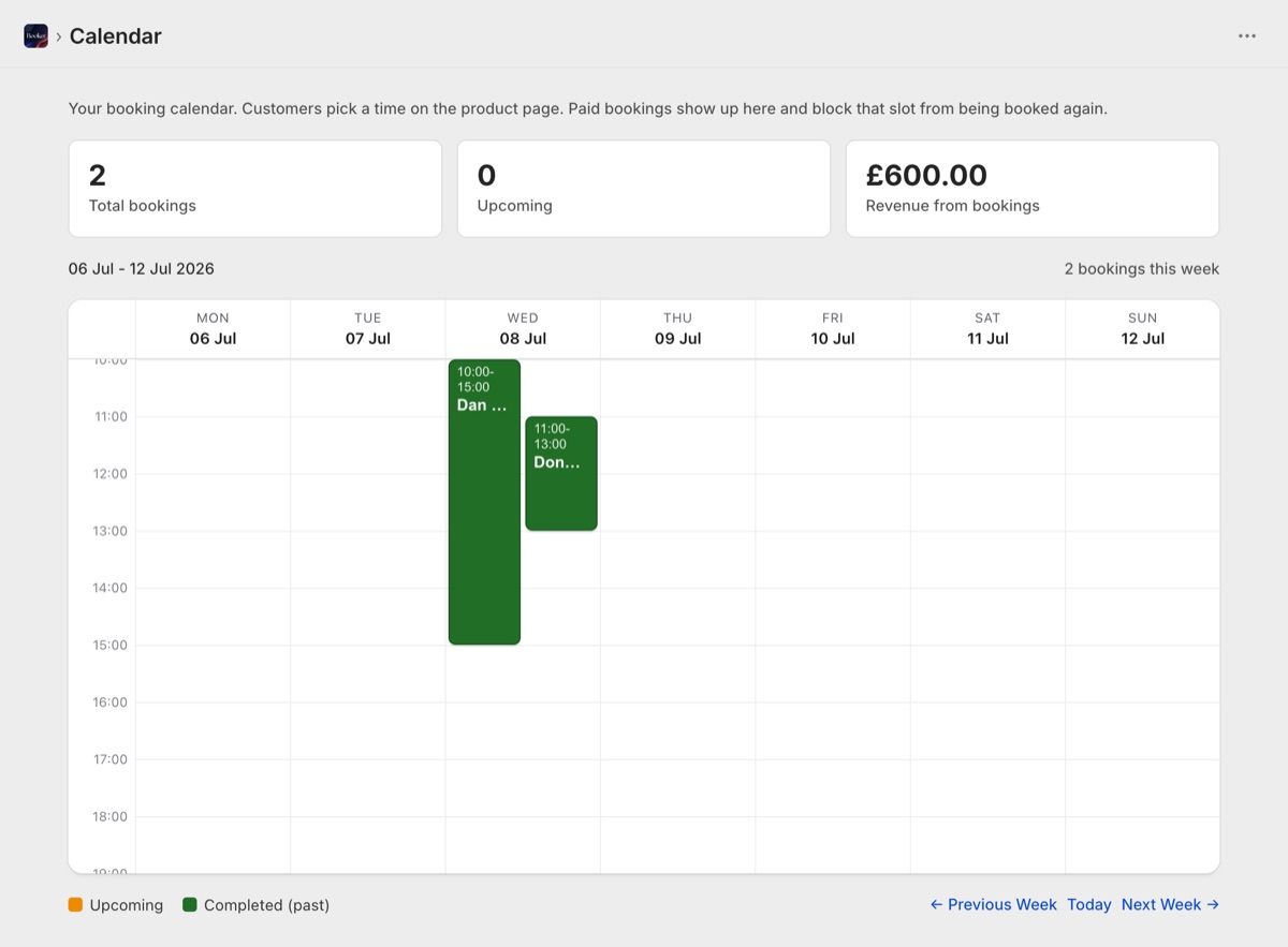 Admin booking calendar with bookings and revenue
