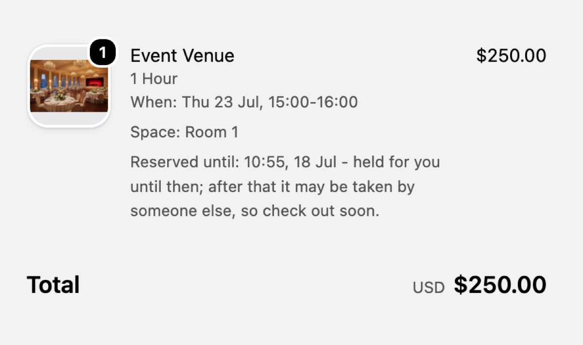 Cart showing a booking held with a reserved-until note